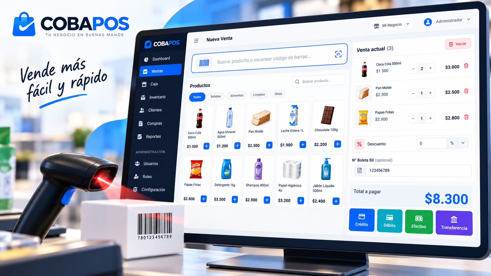Pantalla de venta COBAPOS con escáner de código de barras